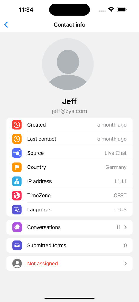 Anychat.one - Mobile app screen showing a customer profile with contact info and chat history
