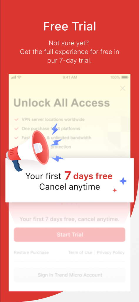 Trend Micro VPN - Secure Proxy - Trend Micro VPN screenshot highlighting a 7 day free trial offer with a megaphone illustration