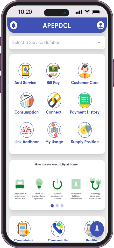 Pantalla de inicio de la aplicación Eastern Power de APEPDCL que muestra funciones de gestión de servicios públicos y consejos de ahorro de energía.