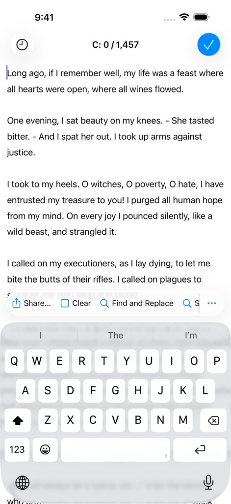 Textwell - Screenshot dell'app Textwell che mostra un'interfaccia di editor di testo semplice e pulita su iPhone con conteggio caratteri e tastiera.