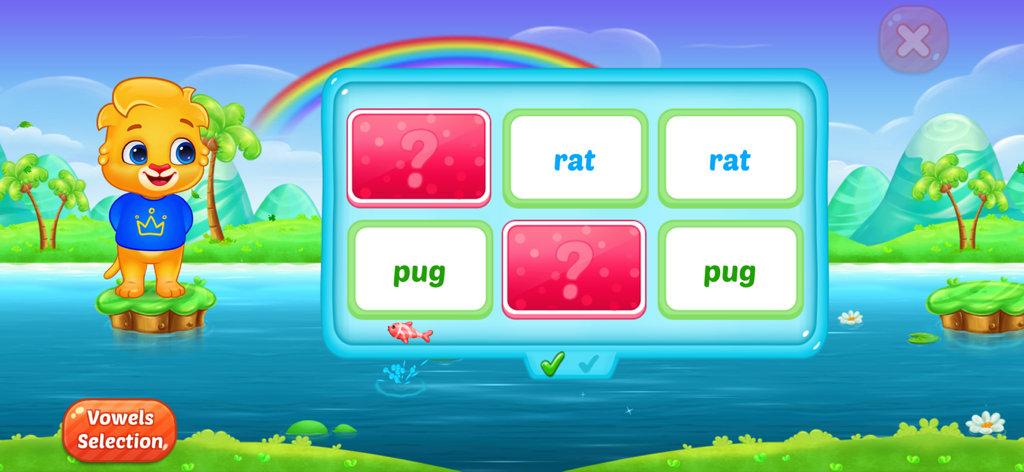ABC Spelling - Spell & Phonics - A word matching game interface from the ABC Spelling app featuring a colorful cartoon landscape and a friendly lion character.