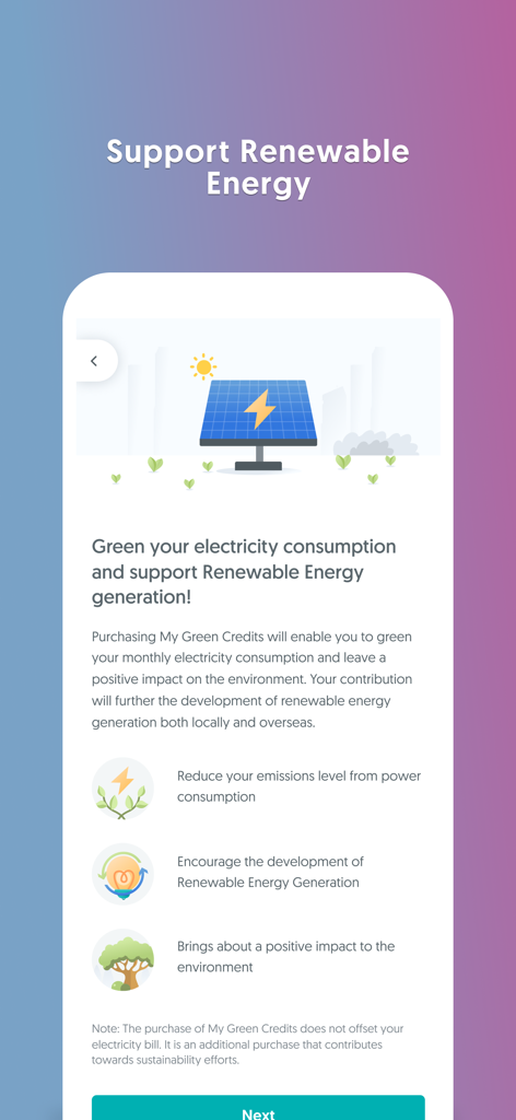SP: Utilities & EV Charging - App screen showing information on supporting renewable energy and purchasing green credits to reduce carbon footprint