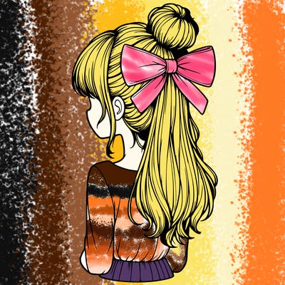 realistic girl  with hip length hair a bun and a big bow on the back of head