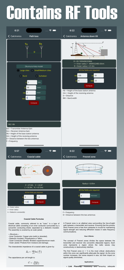 Electrocalc - electronics App - A compilation of RF engineering tools within the Electrocalc app featuring path loss, antenna down tilt, coaxial cable, and Fresnel zone calculators.