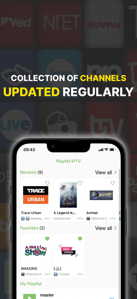 IPTV Player: Live On TV & M3U - Exibição de smartphone do aplicativo IPTV Player com canais visualizados recentemente e favoritos