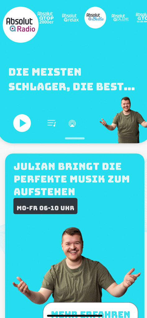 Interfaz de la aplicación Absolut Radio mostrando múltiples emisoras de radio alemanas y un presentador