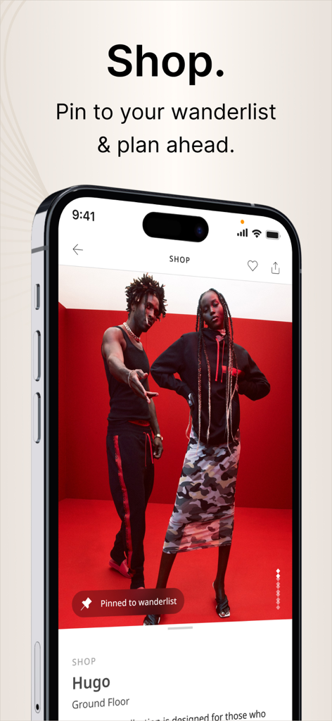 쇼핑 기능을 보여주고 스토어를 위시리스트에 고정하는 두바이 몰 앱 인터페이스