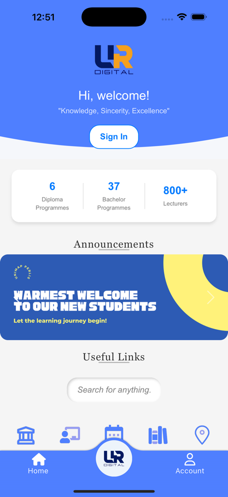 UniMAP URDigital - Pantalla de inicio de la aplicación UniMAP URDigital que muestra anuncios de estudiantes, estadísticas universitarias y un menú de navegación