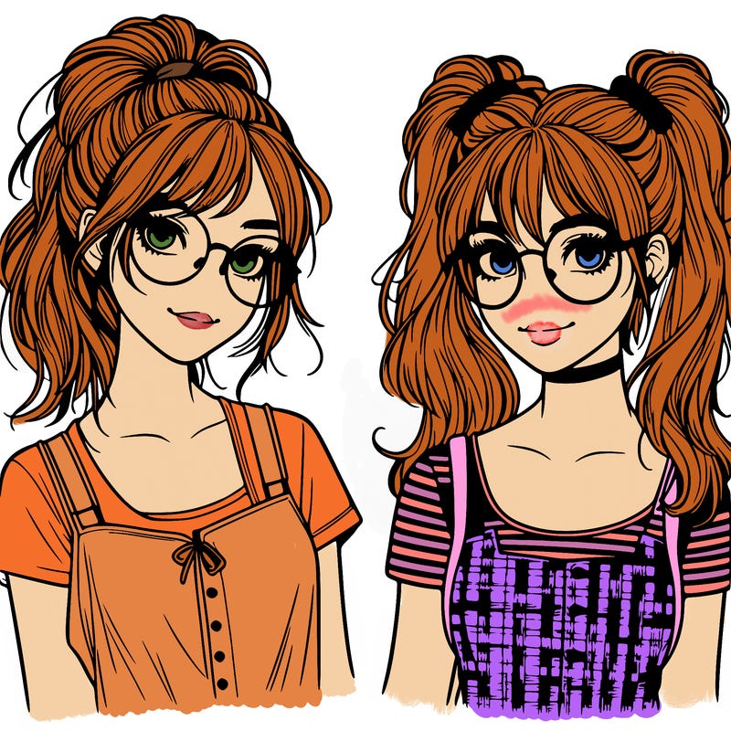 realistic two girls one with glasses and both with messy pony tails