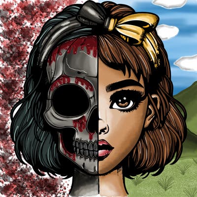 realistic girl with half skull mask
