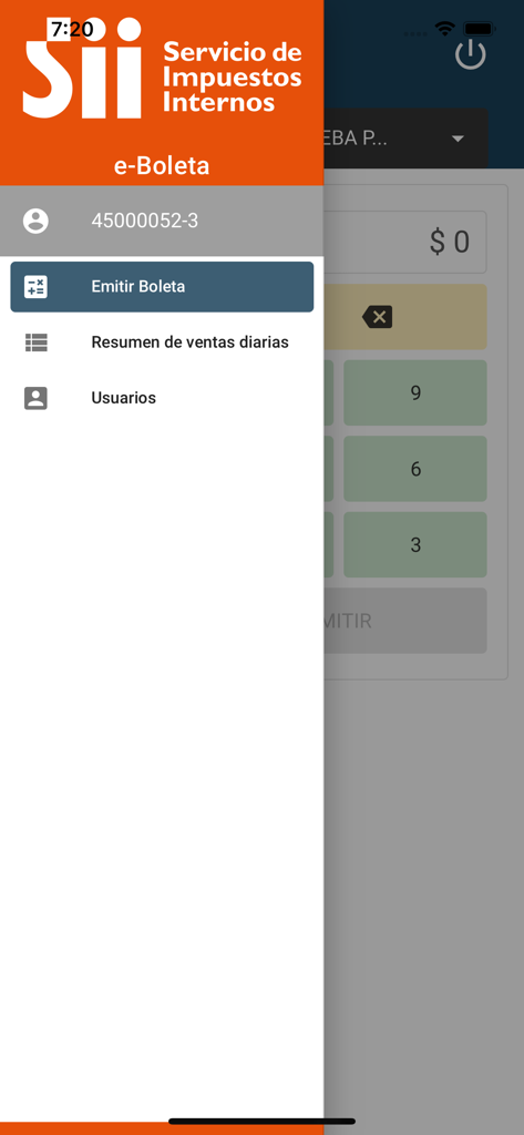 e-Boleta - Navigation menu of the e-Boleta app showing options to issue receipts and view daily sales summaries