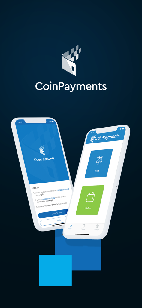 CoinPayments - Crypto Wallet - CoinPayments app interface showing point of sale and wallet options on two iPhones