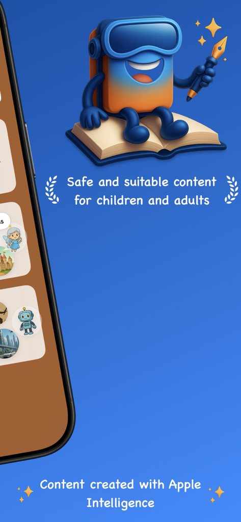 Bookye - Mascota de la aplicación Bookye sobre un libro con texto que promueve contenido seguro de IA para niños y adultos