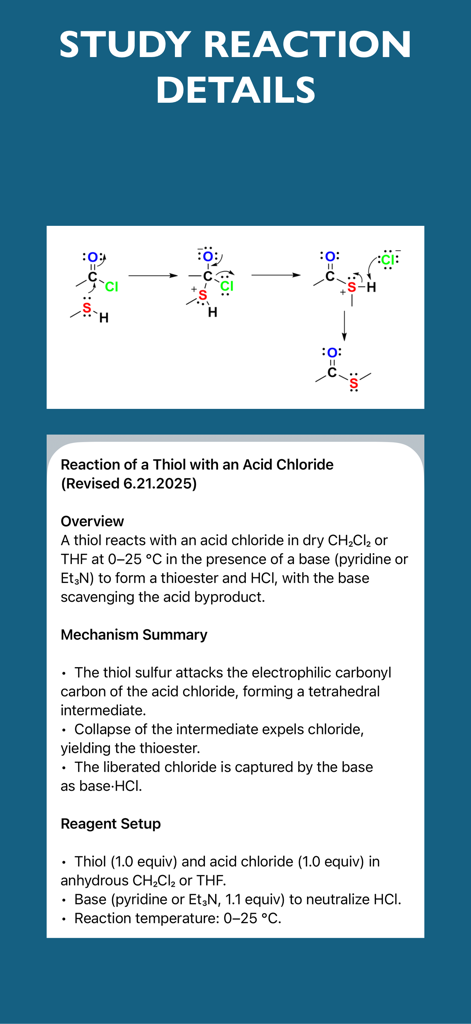 Organic Chemistry Study Help - チオールが酸塩化物と反応する詳細な化学反応メカニズムと学習ノートを表示するインターフェース