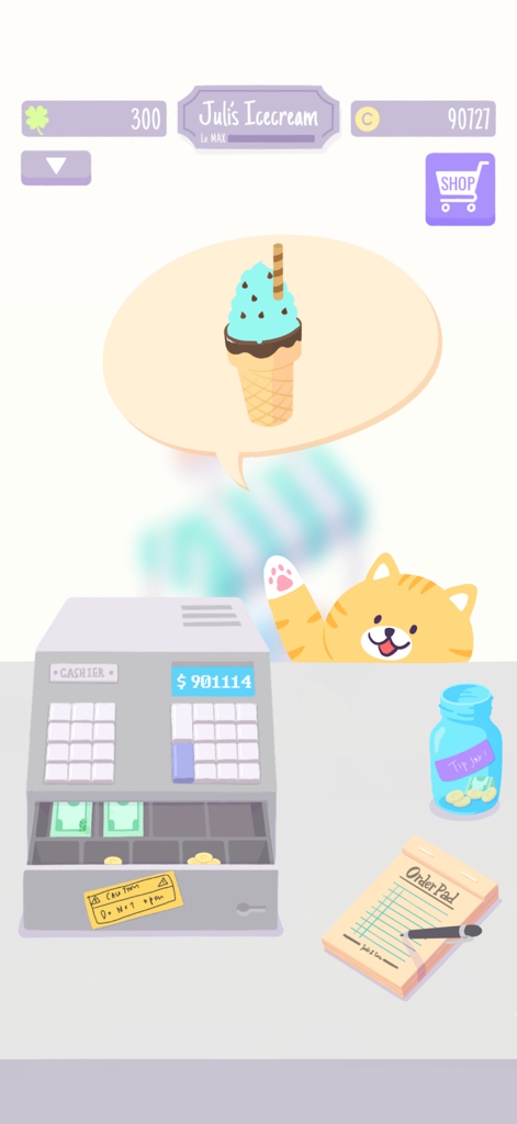Sundae Picnic - A cute orange cat waves behind a cashier counter with an ice cream order speech bubble in the Sundae Picnic game