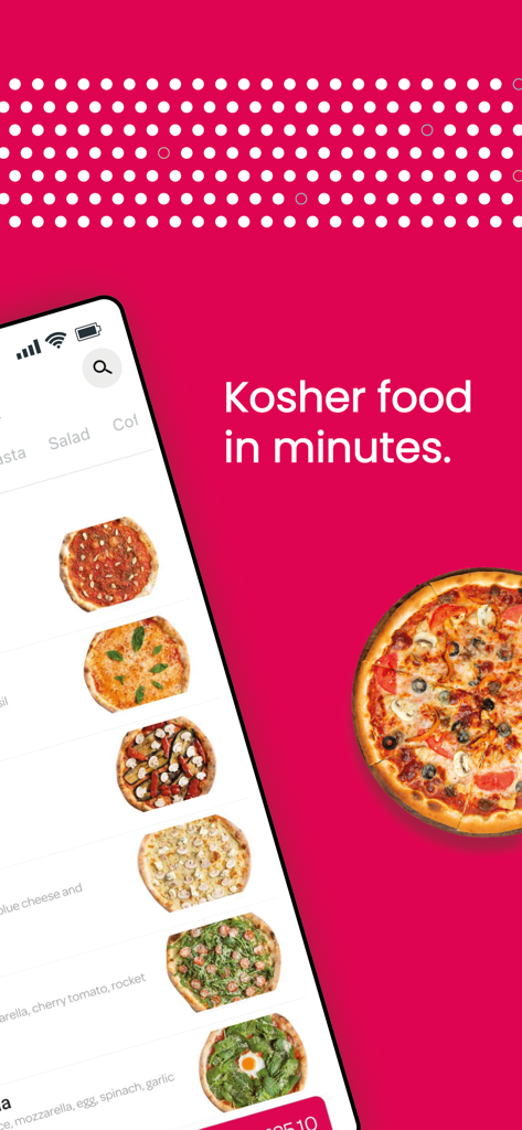 Smartphone screen showing the Ding app menu for Kosher pizza delivery
