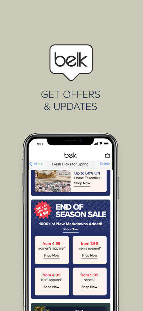 Belk Mobile App-Oberfläche, die saisonale Verkäufe und Rabatte auf Kleidung und Haushaltswaren anzeigt.