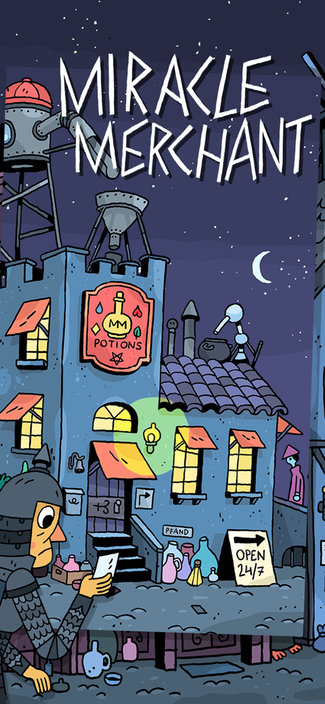 Miracle Merchant - Una fantástica ilustración dibujada a mano de una tienda de pociones de alquimia por la noche con el título del juego Miracle Merchant