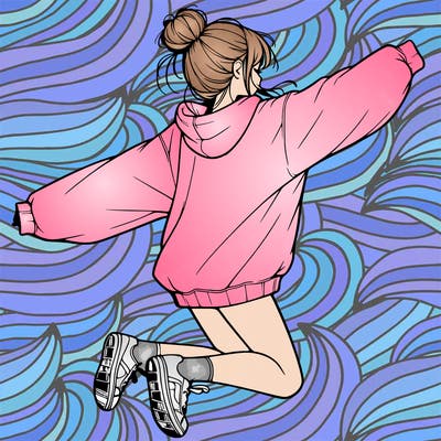 realistic girl jumping with a bun and oversized sweatshirt