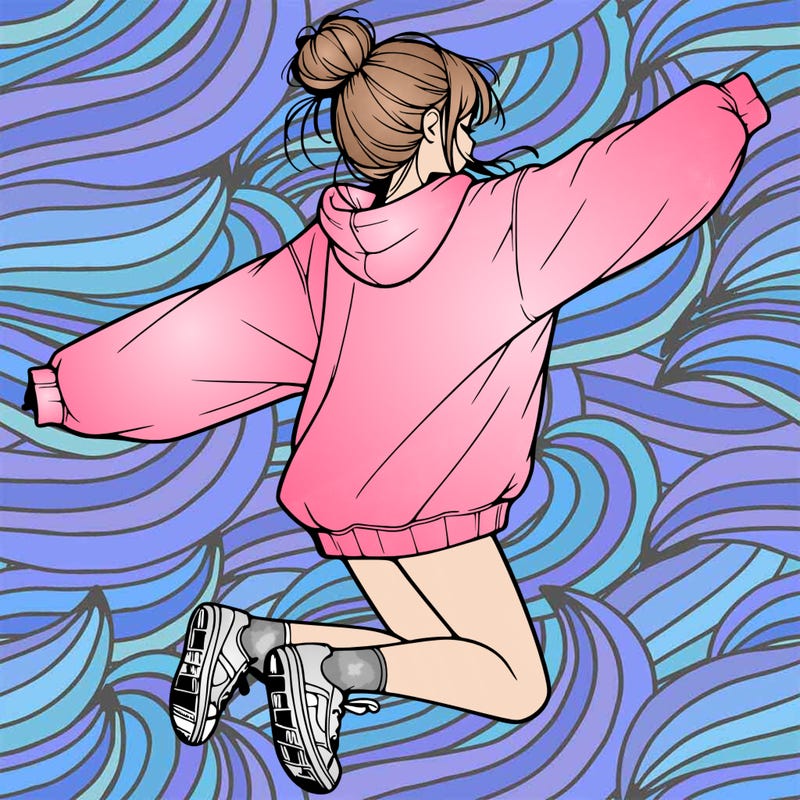 realistic girl jumping with a bun and oversized sweatshirt