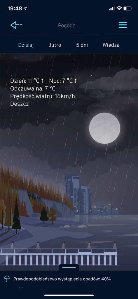 Gdynia.pl - Night weather forecast screen in the Gdynia app showing a rainy city skyline under a full moon
