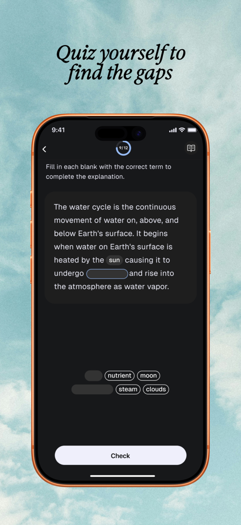 LexieLearn - LexieLearn mobile app interface showing a fill in the blank quiz for active recall practice