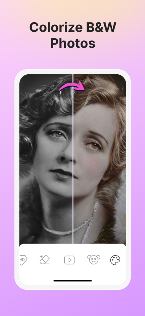 Vivid - AI Photo Enhancer - Una pantalla dividida comparando un retrato vintage en blanco y negro siendo coloreado por IA