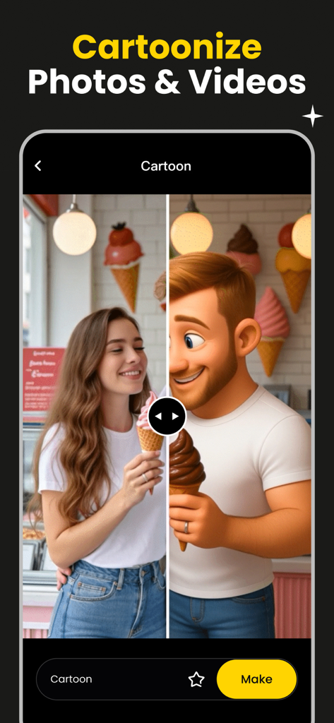 AI Movie Generator - KakaPic - Una interfaz de pantalla dividida en la aplicación KakaPic que muestra una foto real transformándose en un estilo de dibujos animados usando IA.