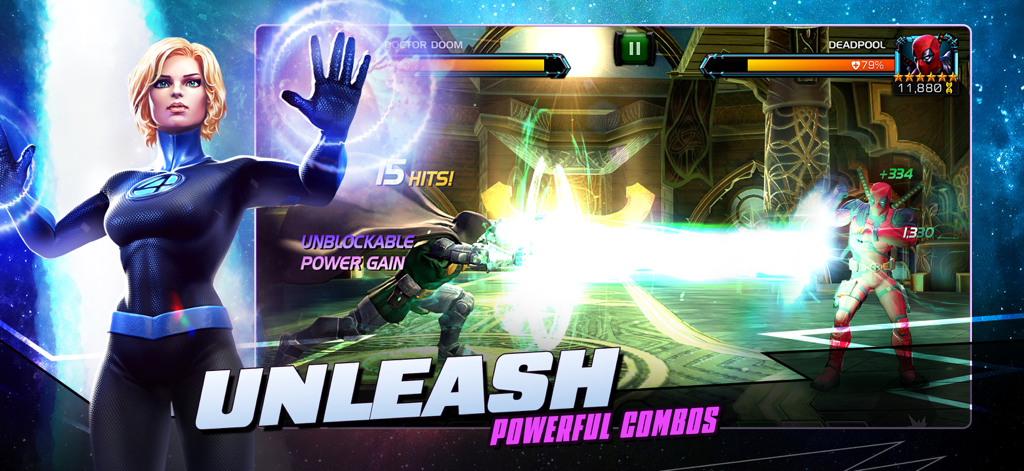 Gameplay screenshot of Marvel Contest of Champions featuring Invisible Woman in the foreground and a battle between Doctor Doom and Deadpool with the text Unleash Powerful Combos.