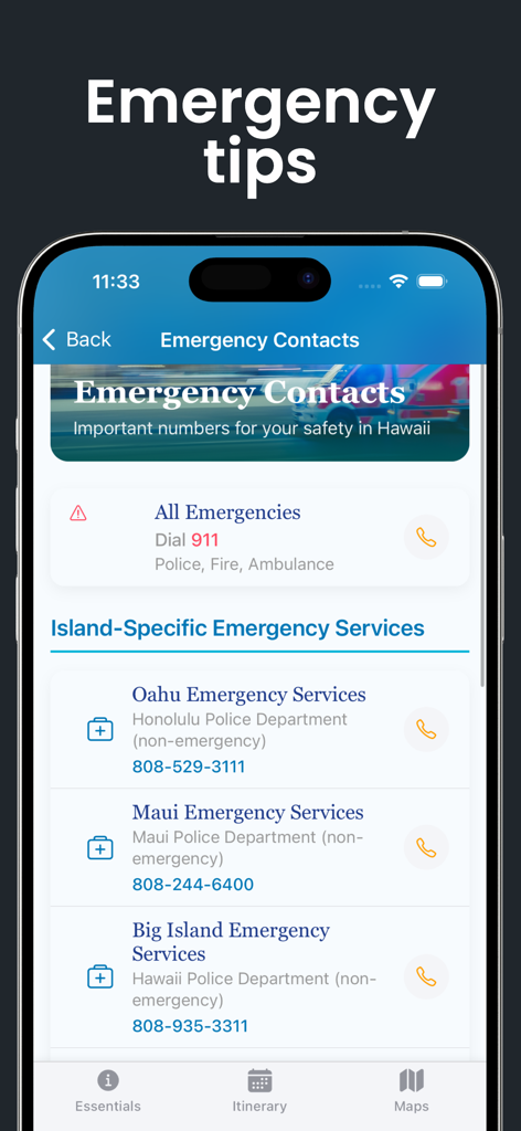 旅行アプリのハワイ諸島の緊急連絡先リスト。