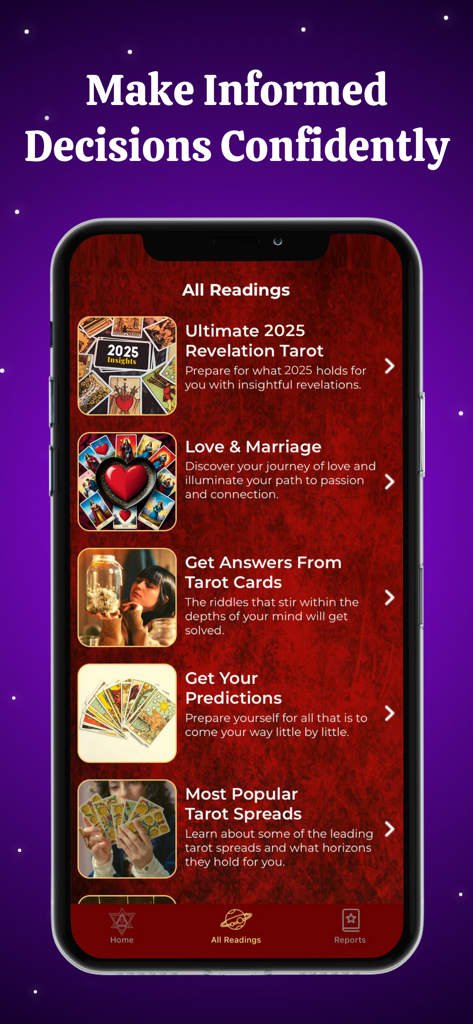 Tarot Card Reading & Horoscope - Pantalla de iPhone que muestra el menú Todas las Lecturas de una aplicación de tarot con categorías para perspectivas de 2025, amor y predicciones.