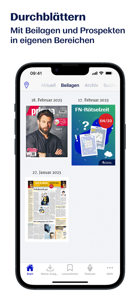 Ein Smartphone-Bildschirm zeigt die FN E-Paper App mit verschiedenen digitalen Beilagen, darunter Magazine und Rätselhefte.