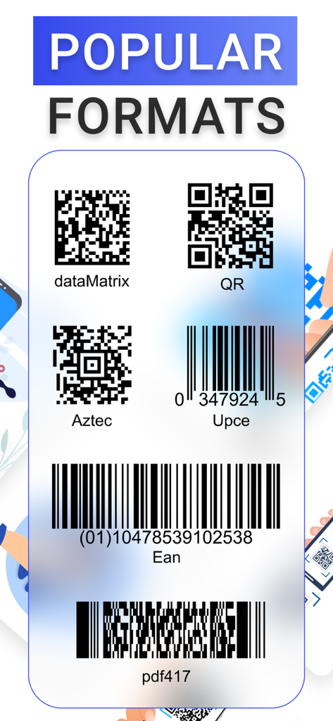 QR Code Reader・Barcode Scanner - A list of popular scan formats including QR codes, Aztec codes, and barcodes like UPC and EAN supported by the app.