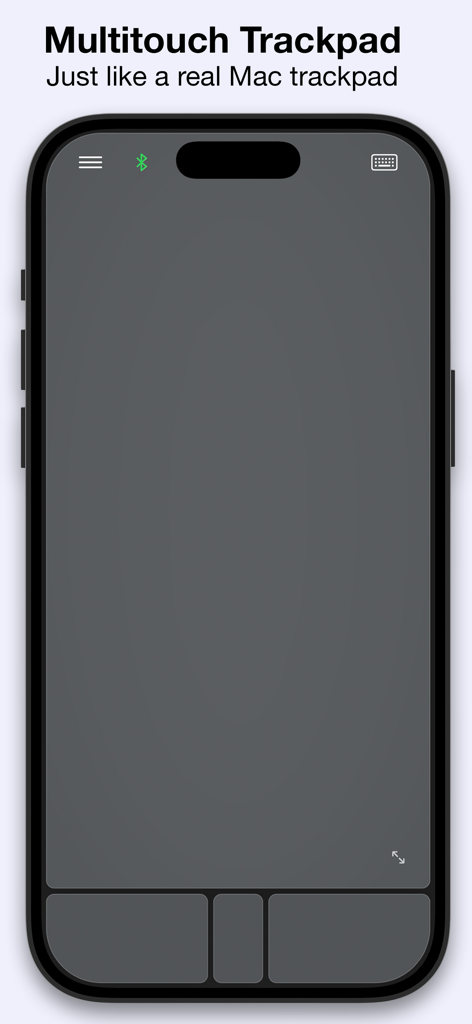 Mobile Mouse USB Remote - Screenshot of the Mobile Mouse USB app on iPhone showing a large multitouch trackpad interface with mouse buttons at the bottom.
