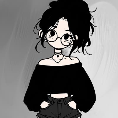 girl with a messy ponytail glasses a baggy crop top and jean shorts