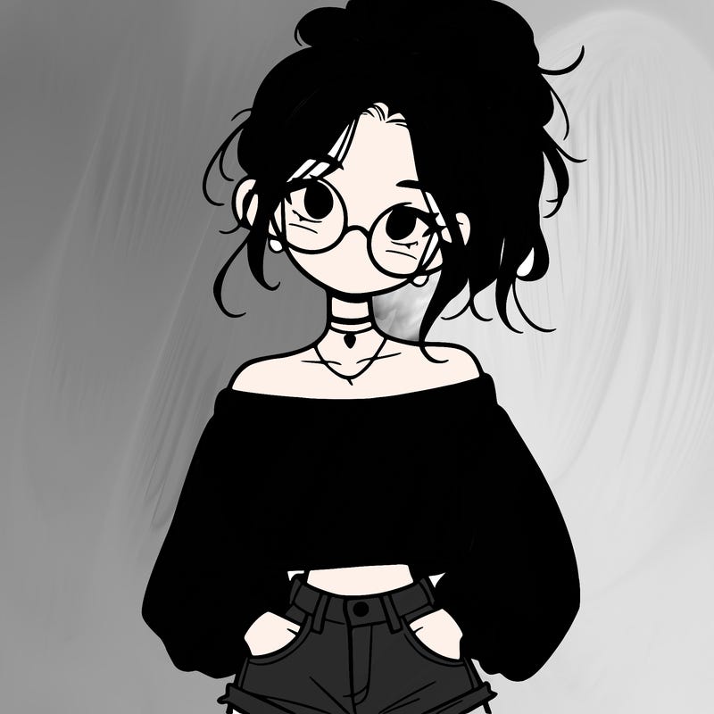 girl with a messy ponytail glasses a baggy crop top and jean shorts