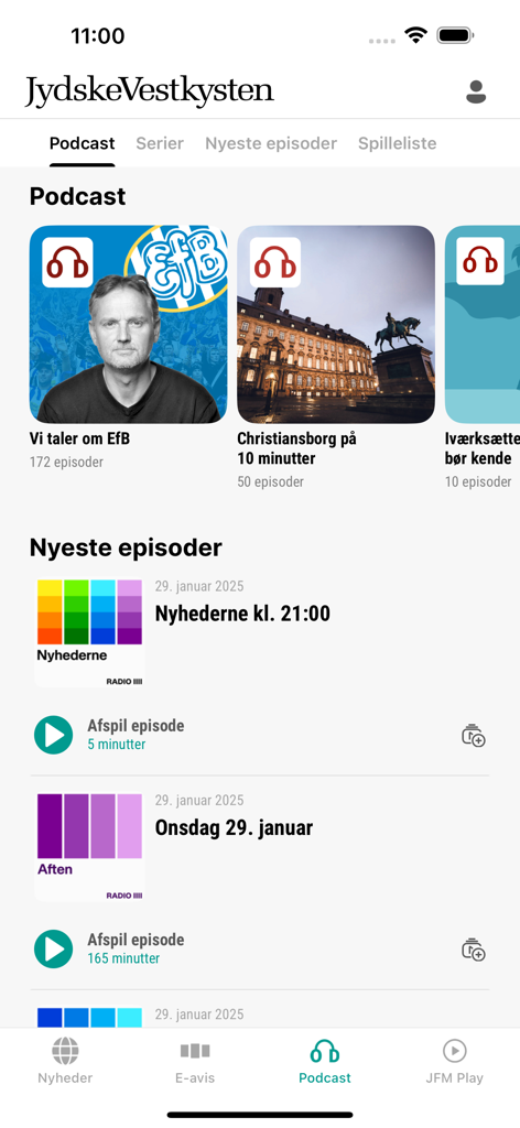 JydskeVestkysten Mobile-App Podcast-Bereich mit dänischen Nachrichten und lokalen Programmen