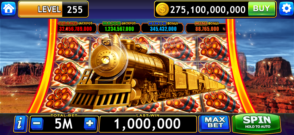 Vegas Casino Slots - Mega Win - Goldzug-Slotmaschine mit hohem Münzbestand und großen Jackpot-Belohnungen in der mobilen App Vegas Casino Slots.