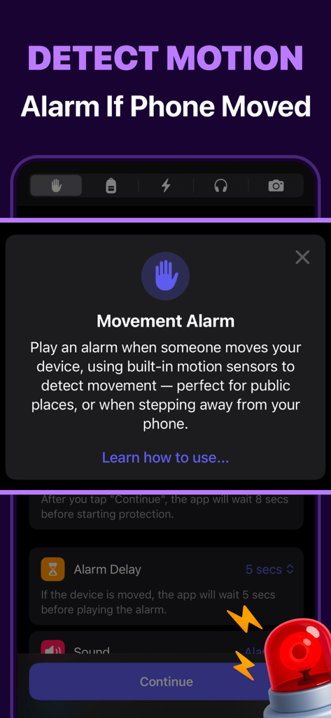 Crook Catcher Anti Theft Alarm - Interface of Crook Catcher app showing the movement alarm feature with a description of motion sensor protection.
