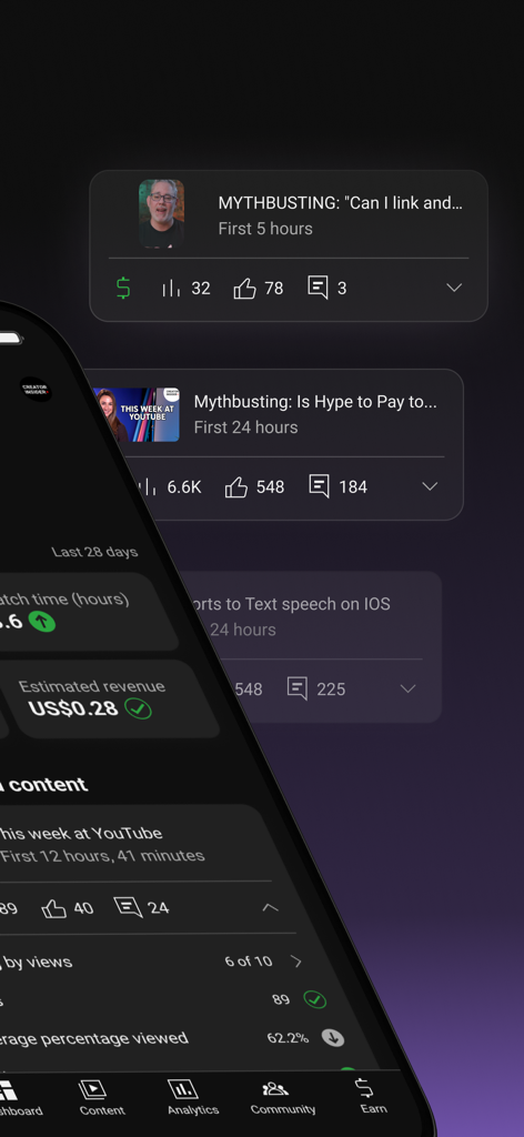 Interface of the YouTube Studio mobile app showing video engagement metrics and channel revenue