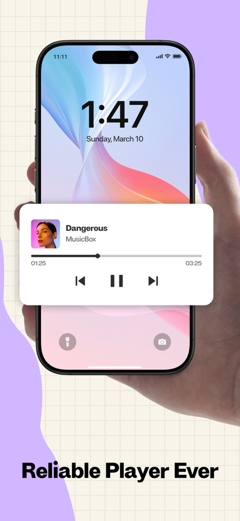 MusicBox - MP3 Player&Offline - Tela de bloqueio do iPhone mostrando o widget do reprodutor de música offline MusicBox com controles de reprodução