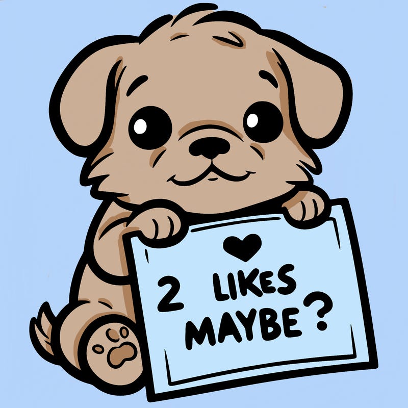 a puppy holding a sign that says 2 likes maybe?