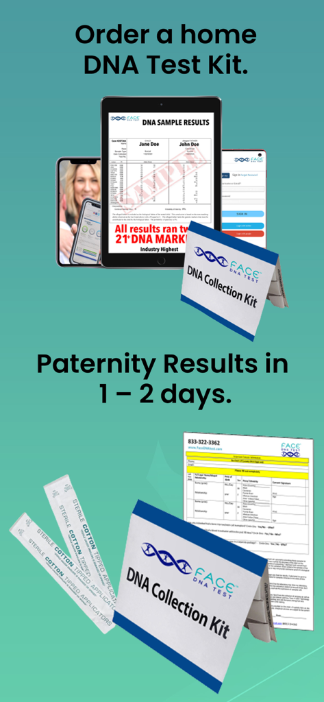 Find out if you are related - A tablet displaying DNA sample results next to a DNA collection kit and sterile swabs for paternity testing.