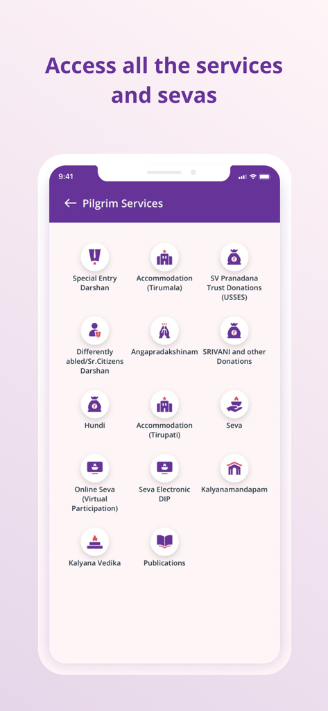Screenshot of the TTDevasthanams app showing the Pilgrim Services menu with various icons for Darshan, Accommodation, and Donations