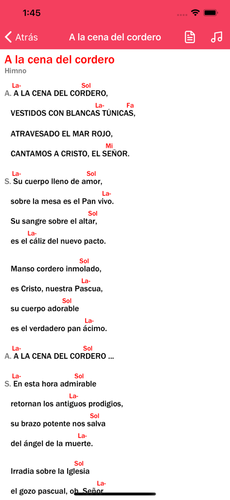 Paroles et accords de guitare pour le chant À la cena del cordero dans l'application iResucito