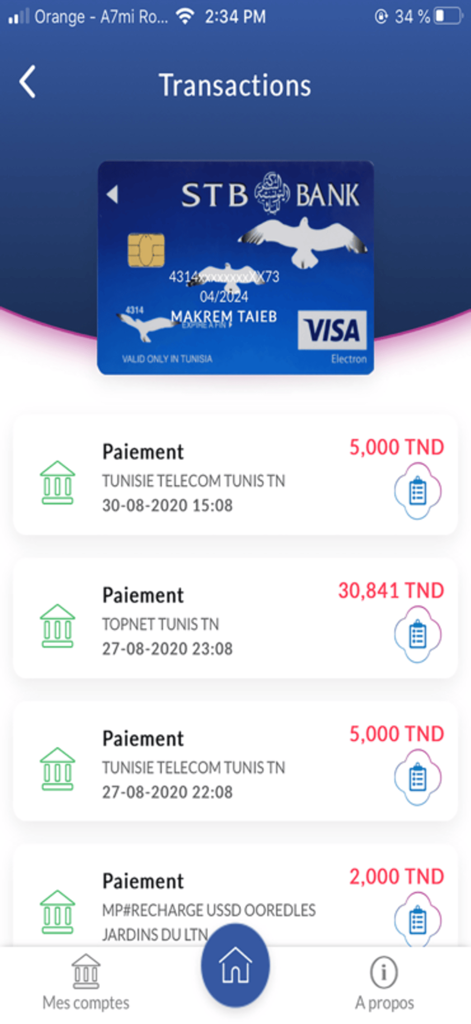 DigiCarte - Cronologia transazioni nell'app mobile DigiCarte che mostra una carta STB Bank e pagamenti recenti in Dinari tunisini
