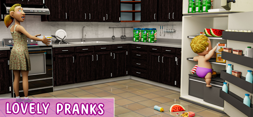 Baby Simulator Family Prank - Un bebé en pañales subiéndose a un refrigerador abierto mientras una madre lo mira sorprendida en una cocina