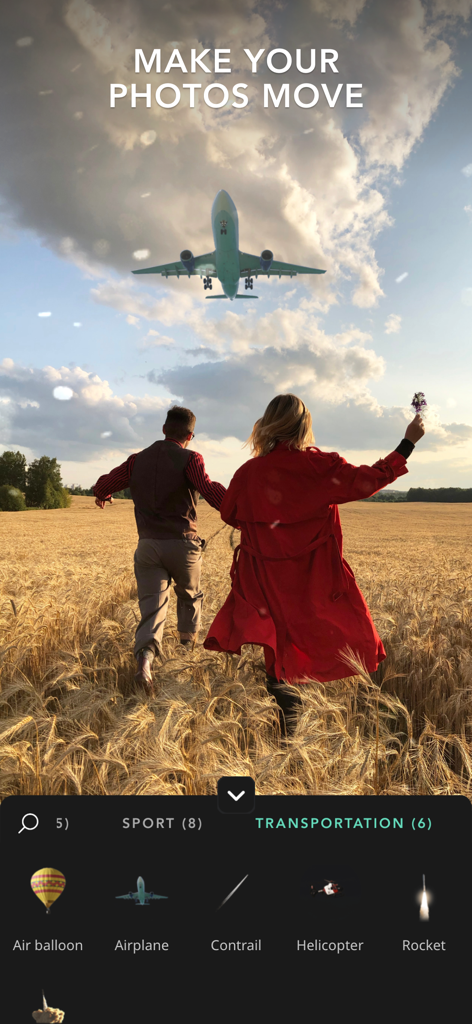 VIMAGE app interface showing how to add an animated airplane to a photo of a couple in a field