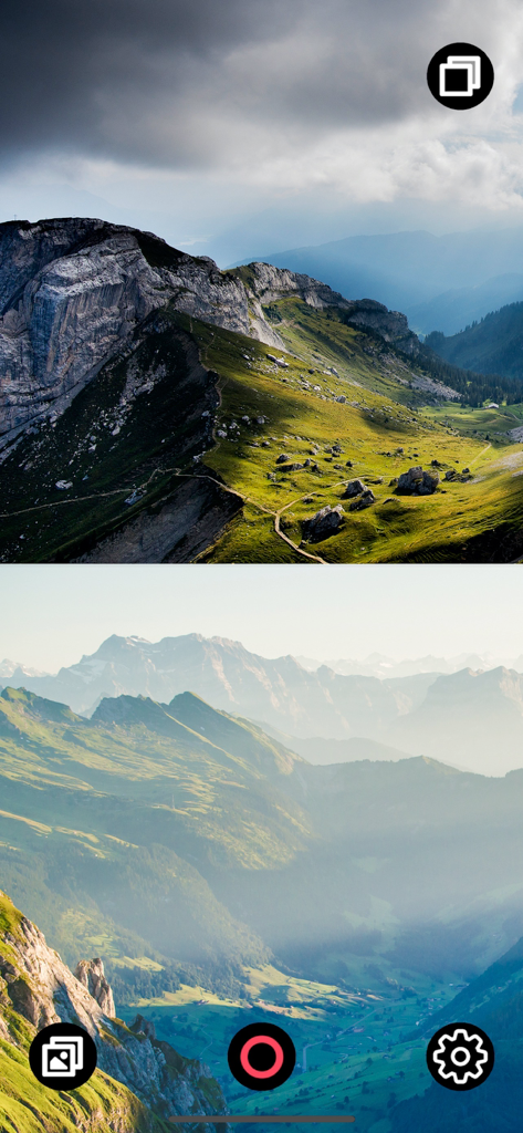 Dual Camera Plus - Dual Camera Plus interface showing a split screen view of mountain scenery during recording.