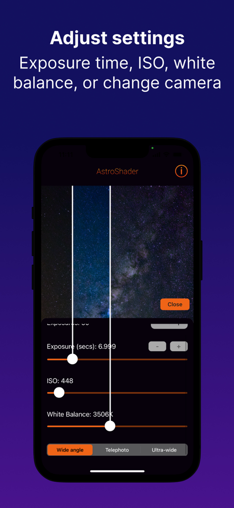 AstroShader - Interfaz de la aplicación AstroShader con configuraciones manuales de exposición, ISO y balance de blancos para fotografía del cielo nocturno.
